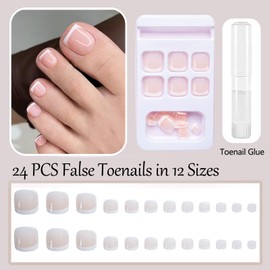 24PCS Stick on Toenails - Short False Toenails with Glue - Nude Press on Toenails French Tip - Fake Toe Nails for Women - Full Cover Acrylic Toe Nails False for Big Toe Little Toe