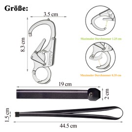 Carabiner Keyring Carabiner Hook Clip Set, Double Lock Designed Tungsten Steel Tip, Alloy Keychain with Two Lanyards for Camping, Hiking, Fishing, Outdoor Survival (Silver-1P)