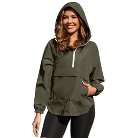 PESION Womens Cycling Running Waterproof Pullover Jackets Lightweight Windproof Biker Windbreaker Jackets with Hooded, Army Green, Small