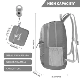 ZOMAKE Lightweight Packable Backpack 28L - Foldable Backpack Leger Sac à Dos Light Daypack Water-Resistant Large Packable Bag Collapsible Hiking Backpack for Travel(Medium grey)
