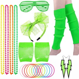 AMind4U 80s Costume Accessories Set with Headband Earring Necklace Leg Pants Gloves Bracelet 80s Women Costume Set (Green)