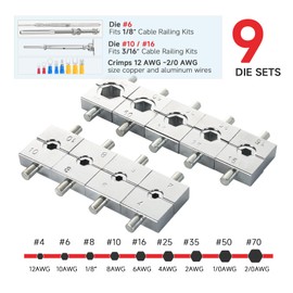 ZUVER Hydraulic Lug Crimping Tool 10 US Ton with Wire Rope Cutter, 9 US Standard Chromed Hexagonal Dies 12, 10, 8, 6, 4, 2, 1/0, 2/0 AWG for Electrical Terminals and 1/8" for Stainless Steel Wire Rope