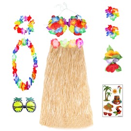 FUIPVGI 9-Piece Hawaiian Hula Skirt Theme Party Costume Set, Hawaiian Hula Raffia Skirt with Sunglasses, Leis Necklace and Bracelets, Flower Bra for Tropical Beach Party, Summer Party (Multicolour)