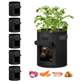 iPower 5 Pack 7 Gallon Potato Grow Bags with Flap, Garden Planting Nonwoven Fabric Pots with Reinforced Handle, Heavy Duty and Aeration Planter Pot for Tomato, Fruits, Vegetables and Flowers, New