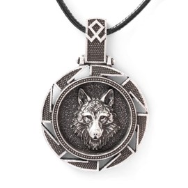 HAQUIL Wolf Necklace, Slavic Kolovrat Wolf Head Medallion Pendant, Faux Leather Cord, Wolf Jewelry Gift (AD)