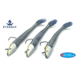 EVERBAY Soft Fishing Lures with Jig Head, Sand Eel Lure, Soft Swimbaits with Paddle Tail, Sinking Baits Saltwater/Freshwater Fishing, Fishing Jigs, Cod, Pollock, Sea Bass, 13cm/21g, 3pcs, Black/Olive