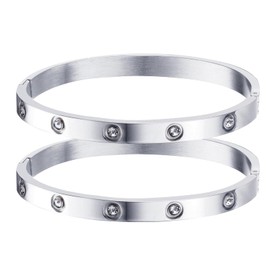 WATEFOER Pack of 2 Bangle Gold Women's 18k Gold Plated Stainless Steel Bangle with Zirconia Stones Simple Style Love Bracelet Jewellery Valentine's Day Birthday Gifts for Couples Girlfriend, Stainless