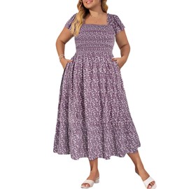 Hanna Nikole Women Plus Size Summer Boho Dress 2025 Short Sleeve Smocked Square Neck Purple Flowy Midi Beach Dress Pockets 2X