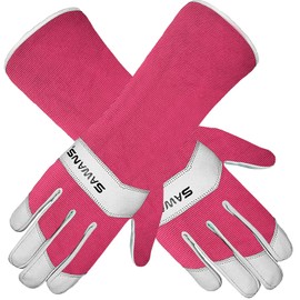 SAWANS Long Gardening Gloves Leather Ladies Men Women Durable Goatskin Garden Gloves Forearm Protection Thorn Proof Gardener Work Spandex Sleeves Rose Pruning Gift (Pink, L)