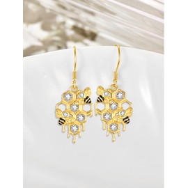 Zhi Kexin Bee Honeycomb Dangle Drop Earrings for Women 925 Sterling Silver Gold Plated Bumble Bees Hook Jewelry Gifts