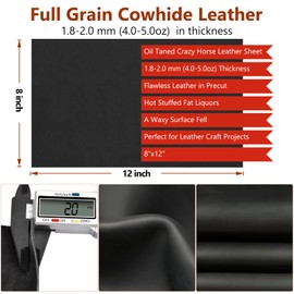 Tooling - Hojas cuadradas de piel de vacuno de grano completo de 1.8 a 2.0 mm de grosor, para manualidades, herramientas, costura, portafolios, arete, pasatiempos (negro, 8 x 12 pulgadas)
