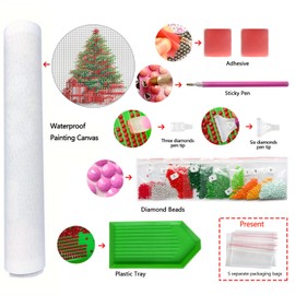 Zhenqing Christmas Tree Diamond Painting Kit Full Drill 26.5x26.5cm - Tapered Tree with Red Gold Ornaments, Glowing Lights & Gift Boxes, Complete Craft Set(Z8242)