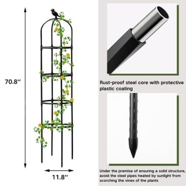 6ft Garden Obelisk Trellis for Climbing Plants-Rustproof Metal Pipe with Heavy Duty Plastic Coated, Garden Outdoor Indoor Potted Plant Support for Clematis Vine Jasmine Support （Black）