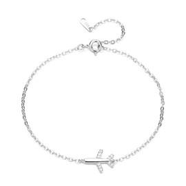 Cubic Zirconia Airplane Bracelet for Women 925 Sterling Silver Fly Plane Delicate Bracelets Minimalist Adjustable Statement Hypoallergenic Chain Jewelry (Silver)