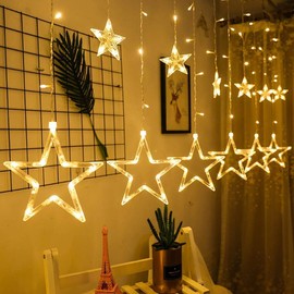 Quntis 138LEDs 12 Star Curtain Lights, Connectable 6.5ft Christmas Curtain Lights with 8 Mode, Waterproof Star Lights Hanging for Bedroom Window Diwali Indoor Outdoor Christmas Decorations, Warm White