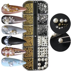 1 Box/12 Grid Nail Art Rhinestones, White Beads for Nails, Semicircular Pearl Balls, Nail Charms, Small Stainless Steel Beads, Caviar Beads, White Flatback Beads for Women, Acrylic Nail Decorations