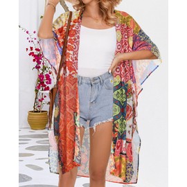 Sheer Caftan Kimono for Women Open Front Cover Ups for Swim Suit Bohemian Cardigan Duster(Multicolour Floral,L)
