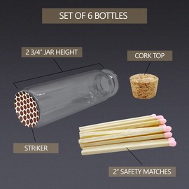 Thankful Greetings 2" Light Pink Tip Safety Matches | 6 Glass Bottles Each with Cork Top, Striker & 20 Quality Artisan Matches (120+ Total) | Decorative & Unique - for Home Decor, Event Giveaways