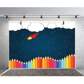 Leyiyi 7x5ft Welcome Back to School Photography Background Old Classroom Chalk Board Blackboard Colored Pens Back Season Grunge Gaffiti Paper Plane Backdrop Students Photo Portrait Vinyl Studio Prop