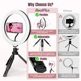 RealPlus LED Ring Light, 10" Ring Light with Tripod Stand & Phone Holder, Selfie Ring Light with 3 Light Modes & 10 Brightness for YouTube Video Tiktok-Gifts for Women