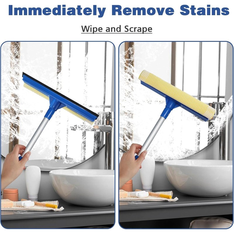 Professional 2-in-1 Window Squeegee with Telescopic Stainless Steel Handle (13.3"-18.9")