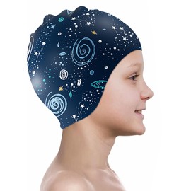 Kids Swim Cap for Boys Girls Starry Sky Starry Night Silicone Swimming Cap Waterproof Swim Hat for Age 3-14 Children