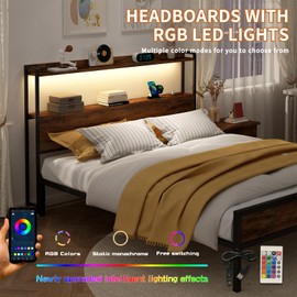 METYERRY Adjustable Full Size Headboard with Outlets, USB Ports,Type-C,LED Lights, and Storage, Rustic Brown, Sturdy Bed Frame Headboard for Enhanced Comfort and Functionality, Full Size