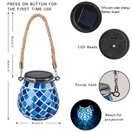 Suanti Mosaic Solar Lights Outdoor Lanterns, Decorative Mosaic Glass Solar Lamps Outdoor Waterproof, Hanging Lanterns Solar Night Lights for Garden,Patio,Pathway & Yard Décor (Blue)