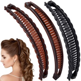 SmallCat 3pcs Large Banana Hair Clips for Women, Strong Claw Clip Hair Barrettes, Vintage Non-Slip Double Combs Hair Accessories for Thick, Long, Curly Hair - Black, Coffee