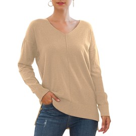 PCEAIIH Women's Jumpers Casual Lightweight V Neck Batwing Sleeve Knit Top Loose Pullover Sweater (L, Apricot)