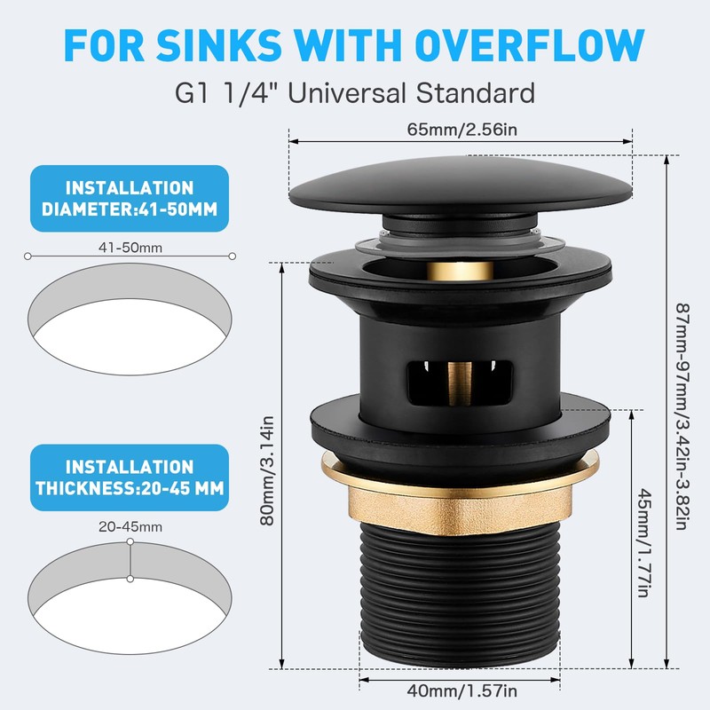 Sink Drain Fitting, Sink Plug with Overflow, Black, Drain Fitting