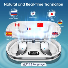 AI Translation Earbuds Real Time, 6 in 1 Instant Language Translator Earbuds 144 Languages & Accents, 8 Offline, Voice/Video Call, Wireless OWS Translating Earbuds for Travel Business Learning,White