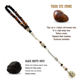 ALBATROSART Design -Special Allah -Mohammed Tassels Series Worry Beads (8mm -33 Beads) - Prayer Beads Tesbih-Tasbih-Tasbeeh-Misbaha-Subha-Sebha-Sibha-Rosary (Black Matte Onyx & Tiger Eye -1)