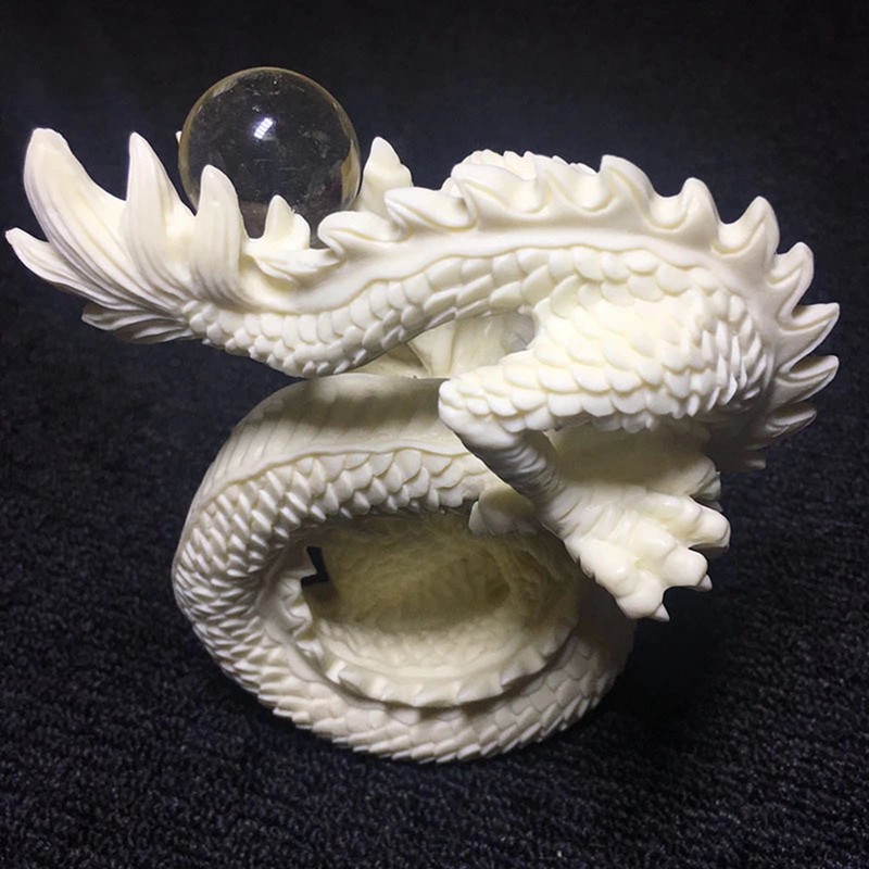 Chinese Feng Shui White Statue,Dragon Play Bead Statue, Hand-Carved Art