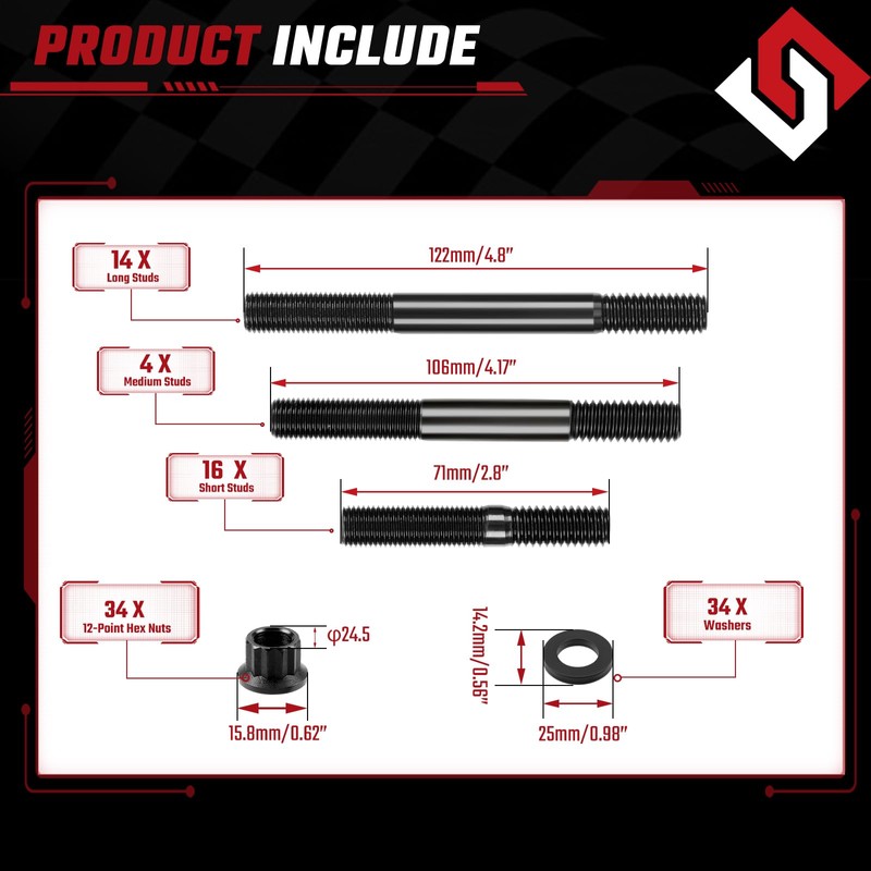 ISINFLASH 12-Point Cylinder Gasket Head Stud Bolt Set Compatible with