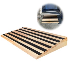 Wooden Threshold Ramp for Home Steps, 4" Rise Door Ramp for Wheelchair/Walker/Cart/Scooter, Doorway Ramp with Non-Slip Stripes(35.4" W*4.0" H, Solid Wood, 800LBs Capacity)