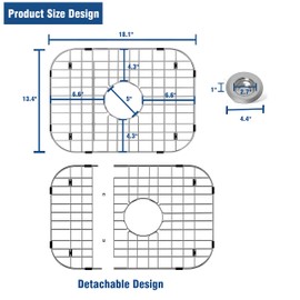 Stainless Steel Sink Protector 18-1/8" x 13-3/8" with Center Drain, Metal Sink Rack for Bottom of Sink, Kitchen Sink Grate and Sink Protectors with Sink Strainer (18-1/8" x 13-3/8" - Center Drain)