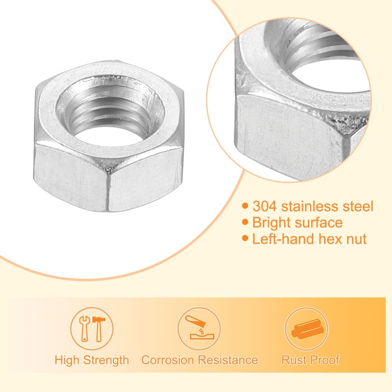sourcing map Left-hand Hexagonal Nut, M8x1.25mm 304 Stainless Steel Left-hand