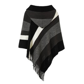 Ferand Women's Striped Poncho Pullover Versatile Scarf Wrap with Fringe for Autumn and Winter, Hooded style: Black & Grey