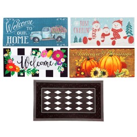 Evergreen Sassafras Bundle - Set of 4 Seasons Interchangeable Entrance Doormats | Indoor and Outdoor |22-in x 10-in doormats and 30-in x 18-in Tray | Non-Slip Backing | Low Profile | Home Décor