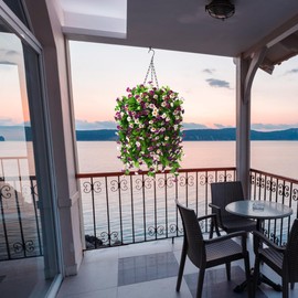 ZFProcess Artificial Silk Flowers in Hanging Basket Outdoor Indoor Garden Decor, Artificial Hanging Plant in Basket, Hanging Daisy Flowers with 12inch Coconut Lining Chain Palm Flowerpot(Purple)