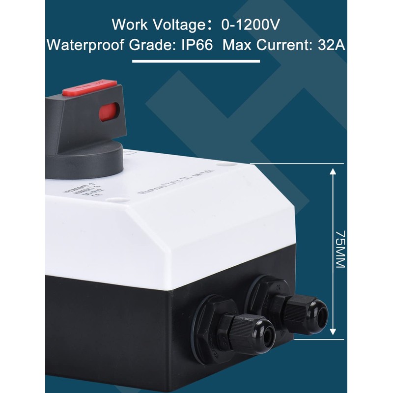 DIHOOL Solar Disconnect Switch,32 Amp DC1200V 4P Isolator,IP66 Outdoor,Cable Glands
