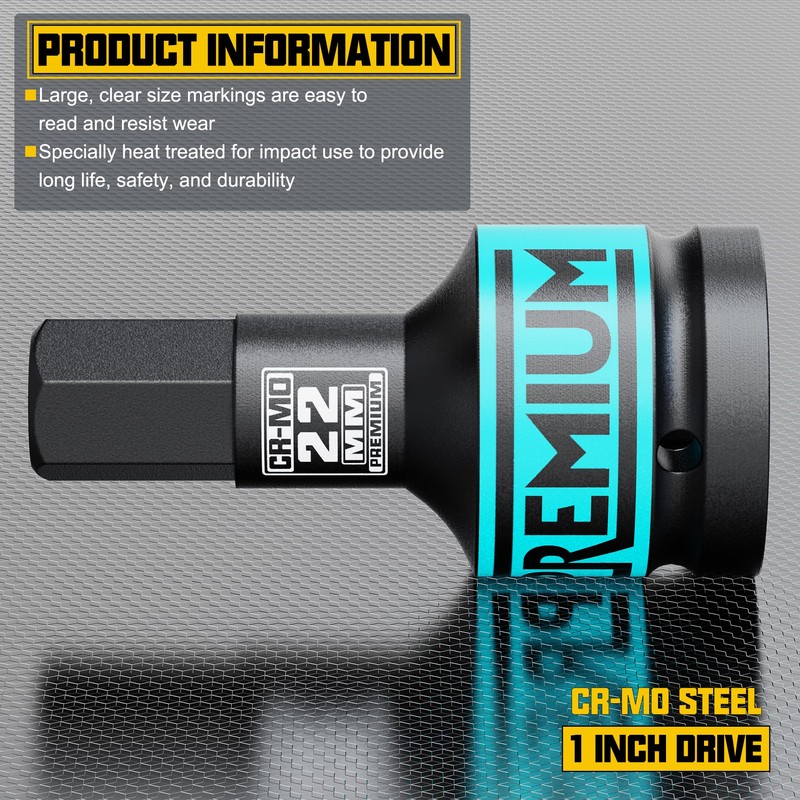 Aiourx 1" Drive H22 Impact Hex Bit Socket, 22 mm