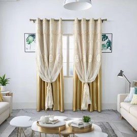 Amidoudou 1 Pair European Double Layer Curtains with Valances for Living Room Bedroom Luxury 3D Flower Embroidered Curtains (Gold,52x84 Inch)