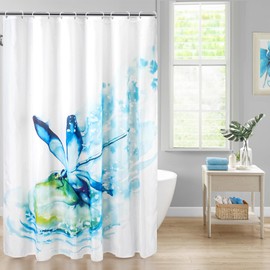 Blue Dragonfly Landing Lily Pad Shower Curtain, Watercolor Animal and Plant Shower Curtain, 72 "W x 72 "H with 12 Hooks, Waterproof Shower Curtain for Bathroom Decor, Polyester Fabric Shower Curtain.