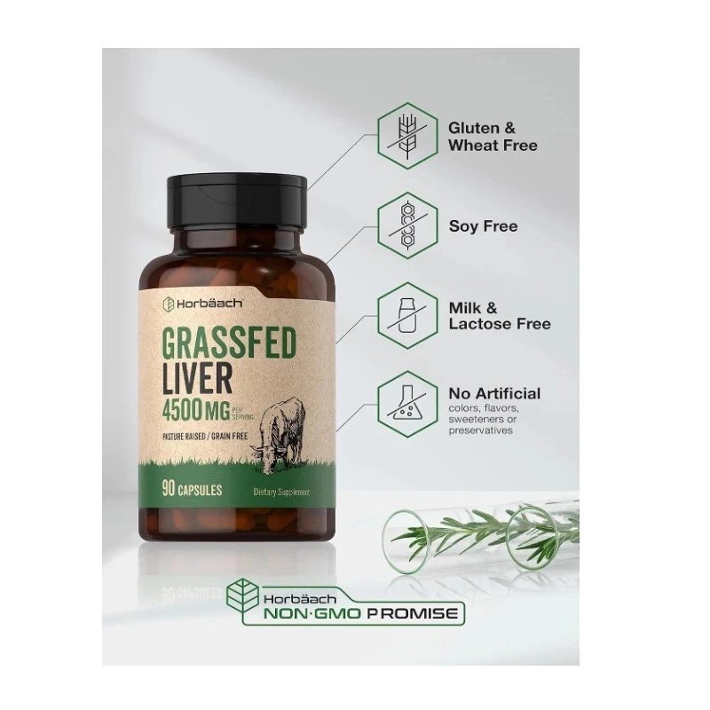 Horbaach Grass Fed Beef Liver Supplement 4500mg, 90 Count Pasture