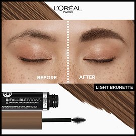 L'Oreal Paris Infallible Volumizing 24H Wear Máscara para cejas, maquillaje de cejas de larga duración para cejas 2 veces más completas, 6.0 castaño c