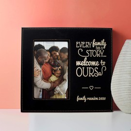 PlaqueMaker Customizable Picture Frame - Include A Special Message Your Vows A Bible Verse Quote or Well Wishes - Include Your Logo Clipart Monogram or Photo (Faux Leather - Black w/Gold, 5 x 7)
