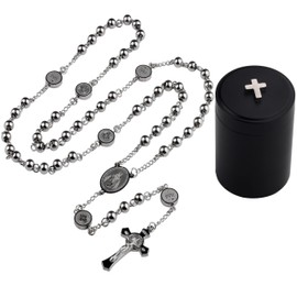 HanlinCC Stainless Steel Catholic Rosary Necklace with Gift Box with Saint Benedict Saint Michael Miraculous medal for Men and Women, 52cm length, Stainless Steel, No Gemstone