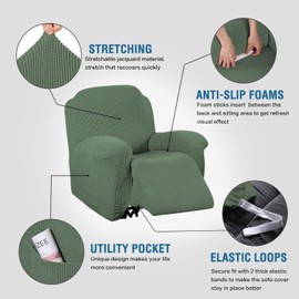 H.VERSAILTEX Super Stretch Recliner Cover Recliner Couch Covers Recliner Chair Cover Form Fitted Non Slip Reclining Slipcovers for Standard Large Recliner, Soft Thick (1 Pack, Loden Frost)